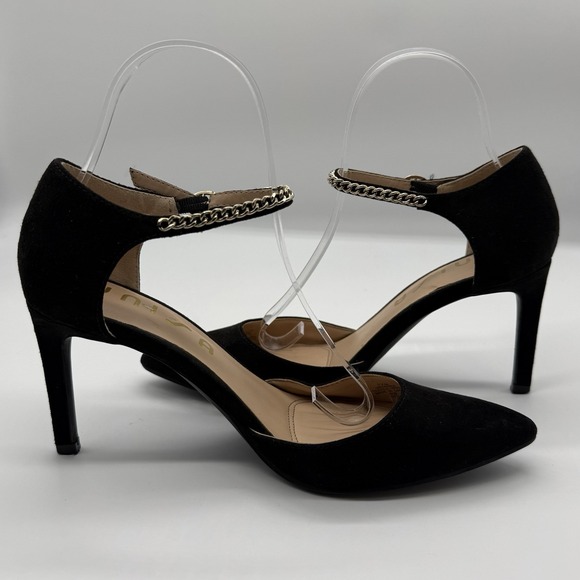 Unisa Black Suede Pointed Toe Heels Gold Chain Ankle Strap Size 7.5 - Picture 4 of 9